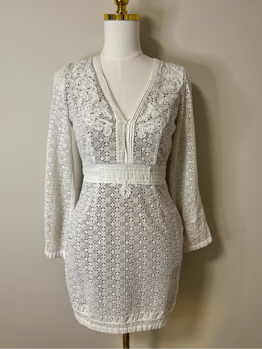 The Kooples White Lace Crochet Bodycon Mini Dress Long Sleeve V-Neck Small